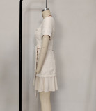 Apricot French Vintage Round Neck Tweed Buttoned Waist-Cinching Short Sleeve Pleated Dress