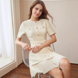Apricot French Vintage Round Neck Tweed Buttoned Waist-Cinching Short Sleeve Pleated Dress