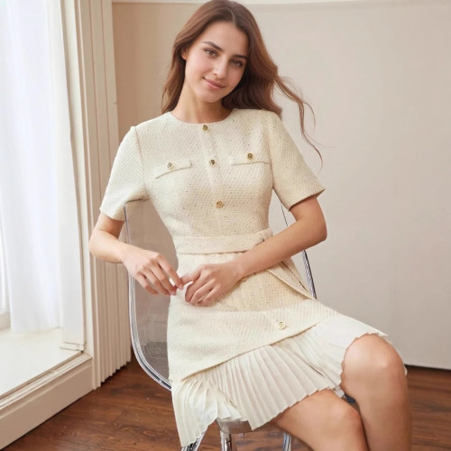 Apricot French Vintage Round Neck Tweed Buttoned Waist-Cinching Short Sleeve Pleated Dress