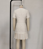 Apricot French Vintage Round Neck Tweed Buttoned Waist-Cinching Short Sleeve Pleated Dress