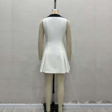 Chic Large Lapel Metal Button Waist Cinching Sleeveless Contrast Mini Dress