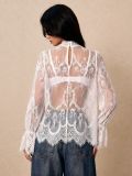 Sexy Loose Lace Sheer Top with Bell Sleeves and Stand Collar