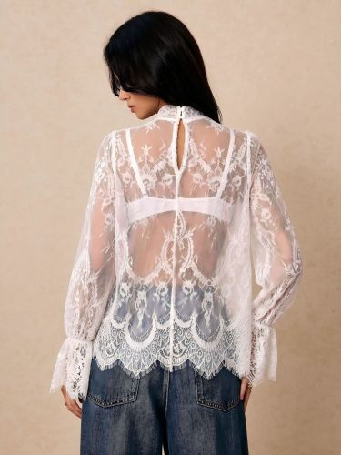 Sexy Loose Lace Sheer Top with Bell Sleeves and Stand Collar