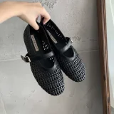 Lace-Up Woven Mary Jane Flat Shoes with Round Toe