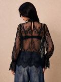 Sexy Loose Lace Sheer Top with Bell Sleeves and Stand Collar
