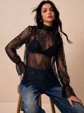 Sexy Loose Lace Sheer Top with Bell Sleeves and Stand Collar