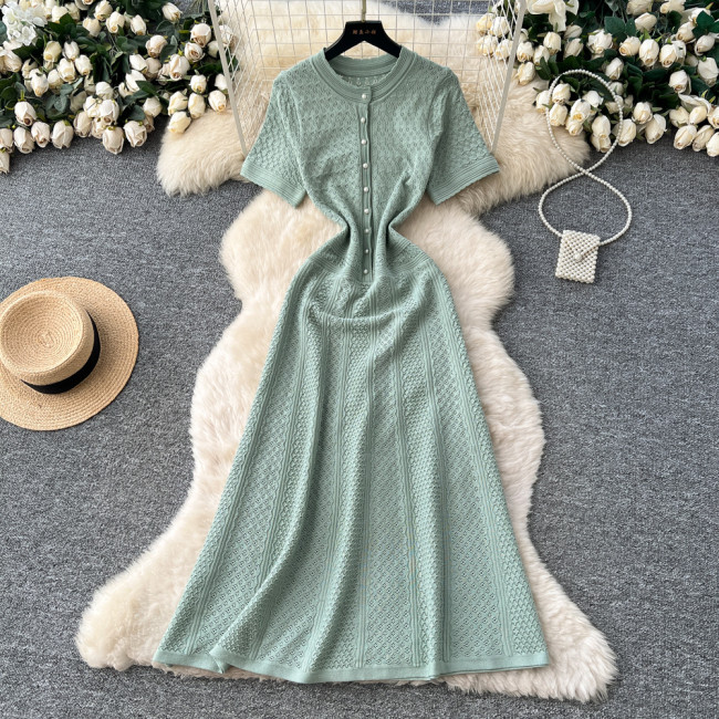 Beaded Round Neck Waist-Cinching Knit Maxi Dress