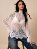 Sexy Loose Lace Sheer Top with Bell Sleeves and Stand Collar