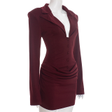 Sexy Deep V-Neck Buttoned Solid Color Bodycon Dress