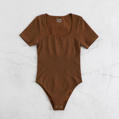 Yoga Short Sleeve Wide Neck Bodysuit with Triangle Shorts
