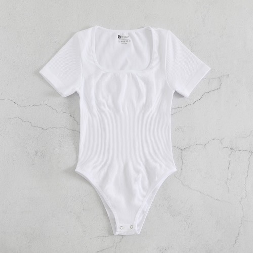 Yoga Short Sleeve Wide Neck Bodysuit with Triangle Shorts