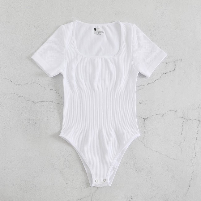 Yoga Short Sleeve Wide Neck Bodysuit with Triangle Shorts
