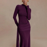 High Neck Long Sleeve Pleated Maxi Dress