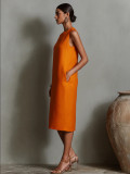 Sleeveless Round Neck Mid-Length Blended Fabric Dress