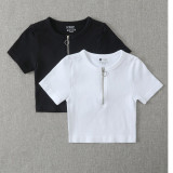 Mid Neck Zipper Yoga Ribbed Fitted Short Sleeve Top