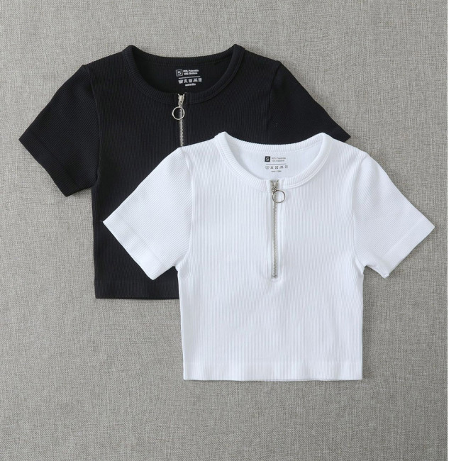 Mid Neck Zipper Yoga Ribbed Fitted Short Sleeve Top