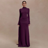 High Neck Long Sleeve Pleated Maxi Dress