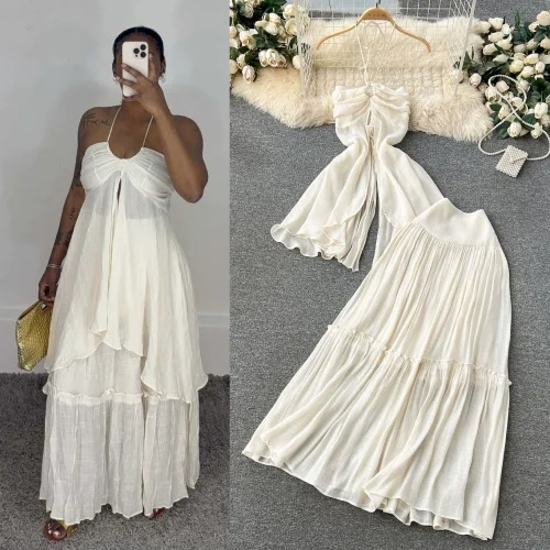 Asymmetrical Halter Neck Cutout Top with High-Waisted Skirt