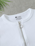 Mid Neck Zipper Yoga Ribbed Fitted Short Sleeve Top