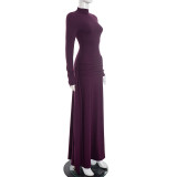 High Neck Long Sleeve Pleated Maxi Dress