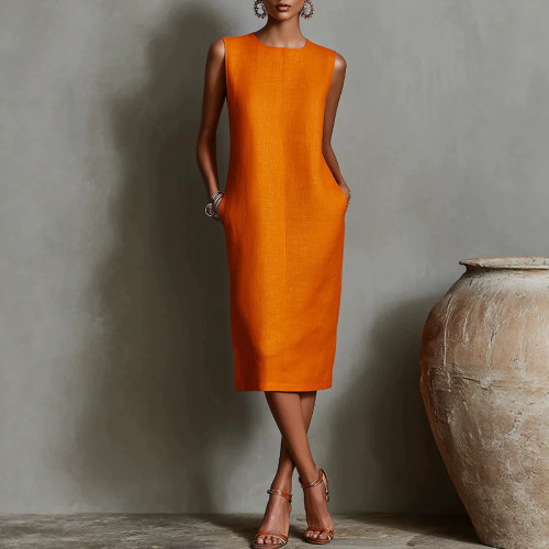 Sleeveless Round Neck Mid-Length Blended Fabric Dress