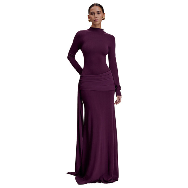 High Neck Long Sleeve Pleated Maxi Dress
