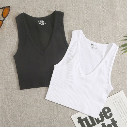 Ribbed V-Neck Single-Layer Nylon Sports Bra