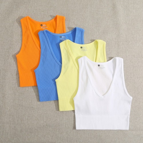 Ribbed V-Neck Single-Layer Nylon Sports Bra