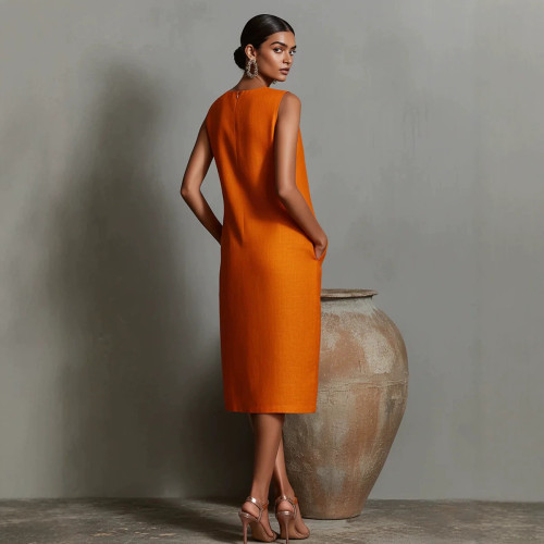 Sleeveless Round Neck Mid-Length Blended Fabric Dress