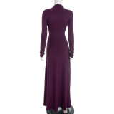 High Neck Long Sleeve Pleated Maxi Dress