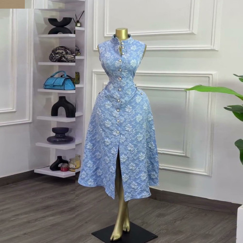 Elegant Blue Floral Bodycon Sleeveless Split Dress