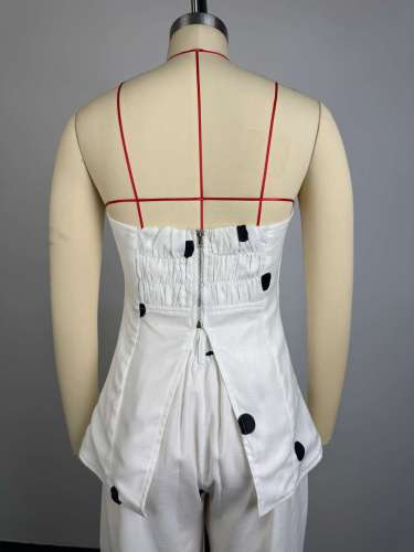 Fashion Polka Dot Strapless Top with High-Waisted Pants Set