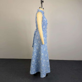 Elegant Blue Floral Bodycon Sleeveless Split Dress
