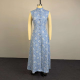 Elegant Blue Floral Bodycon Sleeveless Split Dress