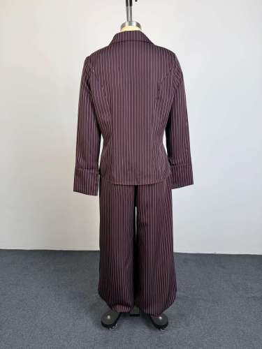 Striped Lapel Fitted Shirt with High-Waisted Cuffed Pants Set