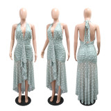 Fitted Halter Neck Printed Tie Dress