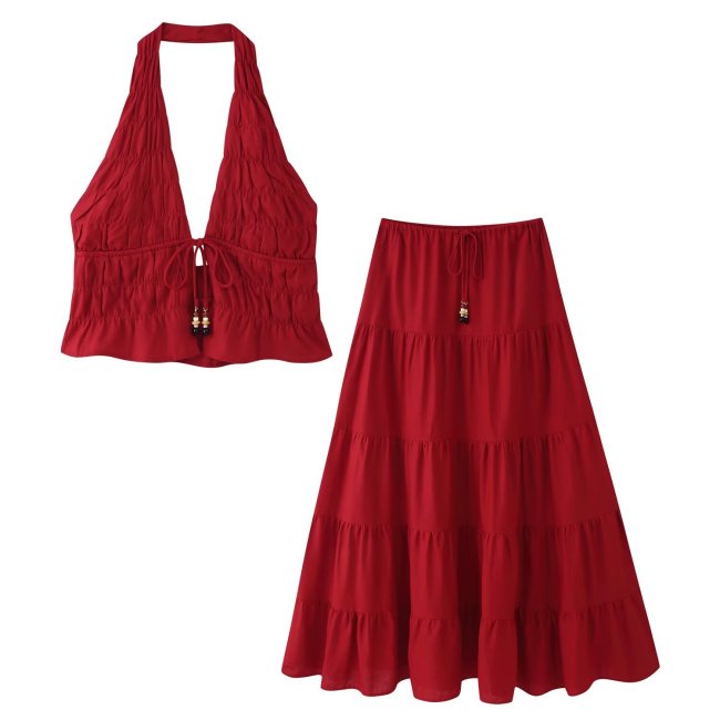 Linen Pleated Top and Midi Skirt Set