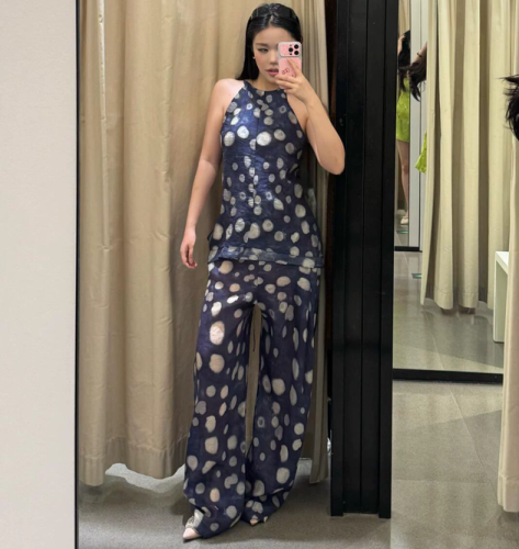 Polka Dot Top with Mid-Rise Sheer Polka Dot Pants