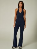 Sexy Halter Neck Open Back Flare Pants Fitness Jumpsuit