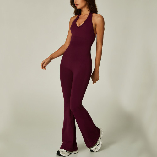 Sexy Halter Neck Open Back Flare Pants Fitness Jumpsuit