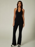 Sexy Halter Neck Open Back Flare Pants Fitness Jumpsuit