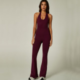 Sexy Halter Neck Open Back Flare Pants Fitness Jumpsuit