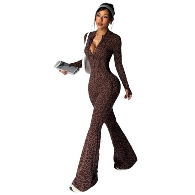 Zipper Long Sleeve Flare Pants Leopard Print Bodysuit Yoga Outfit