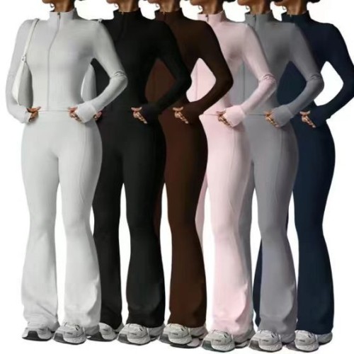 Seamless Zipper Long Sleeve Flare Pants Yoga Set