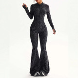 Zipper Long Sleeve Flare Pants Leopard Print Bodysuit Yoga Outfit