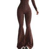 Zipper Long Sleeve Flare Pants Leopard Print Bodysuit Yoga Outfit