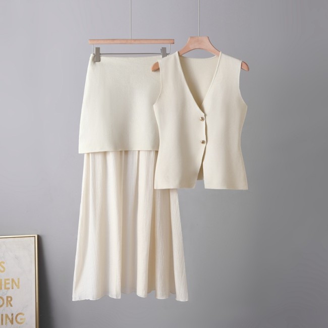 Solid Color Knit Dress Set Fitted Tank Top and Midi Skirt