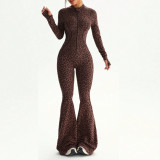 Zipper Long Sleeve Flare Pants Leopard Print Bodysuit Yoga Outfit