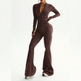 Zipper Long Sleeve Flare Pants Leopard Print Bodysuit Yoga Outfit