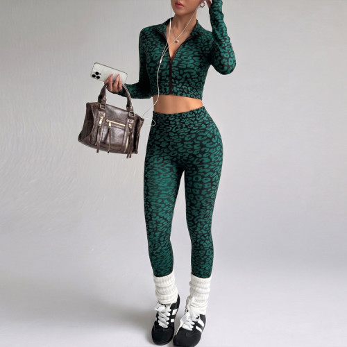 Leopard Print Zip-Up Long Sleeve and Pants Yoga Set